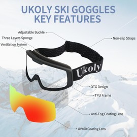 Ukoly Ski/Snowboard Goggles for Men Women, Snow Goggles HD Lens Anti-Fog Coating OTG Design UV400 Protection Windproof (Black Frame Revo Red HD Lens)