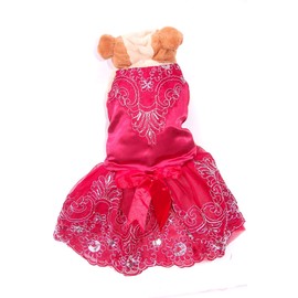 Pet Palace® "Baby Flower Elegant Dog Dress for weddings and special occasions plus FREE LED night safety dog bone collar tag (XS, Crimson)