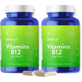 Vitamina B12 y Noni en polvo con 60 Cápsulas de 400mg | 2 meses de rendimiento | 100% Natural, Vegano y Sin gluten | Pack 2 frascos con 30 capsulas cada uno | Suplemento Alimenticio | LIV NUTRITION