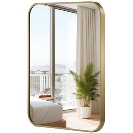 JENBELY 40x30 Inch Gold Mirror, Framed Rectangle Mirror with Rounded Corner, Brushed Brass Mirror, Gold Bathroom Mirror for Over Sink, Vanity, Living Room, Bedroom, Horizontal/Vertical