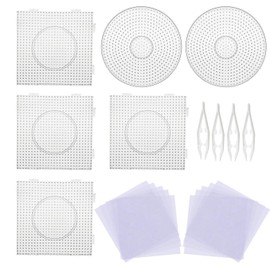 5 mm 6 Pack Fuse Beads Boards Allazone Large Round Square Clear Plastic Pegboards with 4 PCS White Beads Tweezers, 10 PCS Ironing Paper for Kids Craft Supplies