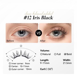 [WOSADO] Soft Magnetic Eyelashes All-in-One Kit with Applicator, Reusable Magnetic Lashes without Eyeliner, Glue-free False Lashes, Waterproof, Lightweight, Suit for Natural Makeup:_No.12  Iris Black