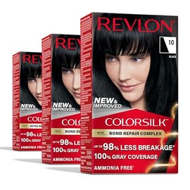 REVLON Revlon ColorSilk with Bond Repair Complex, Black Permanent Hair Color, 100% Gray Coverage, Ammonia Free Hair Dye, Vegan Keratin, 10 Black (Pack of 3)
