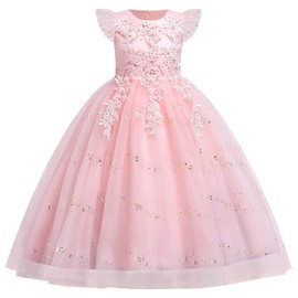 Little Big Girls Flower Lace Long Applique Beads Sequins Princess Dress Kids Wedding Bridesmaid Birthday Pageant Party Communion Puffy Formal Prom Tulle Ball Gown Sequins-Pink 9-10 Years