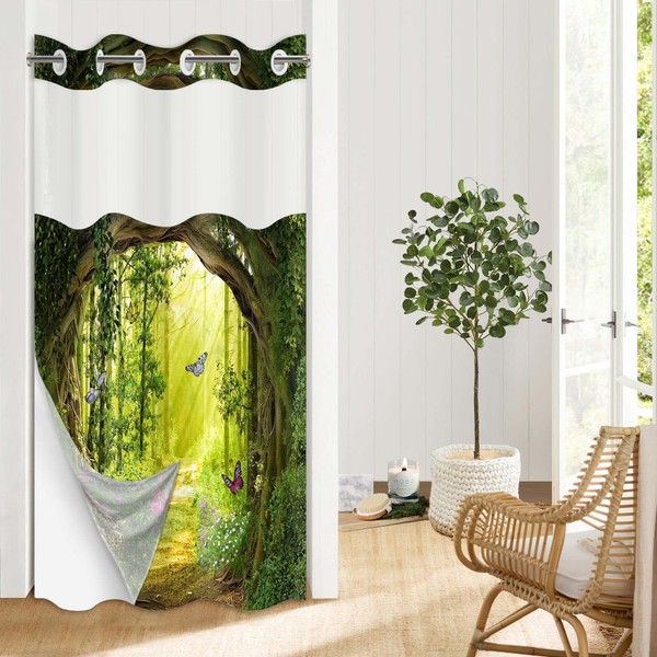 QGHOT Green Forest Hookless Shower Curtain with Snap in Liner,