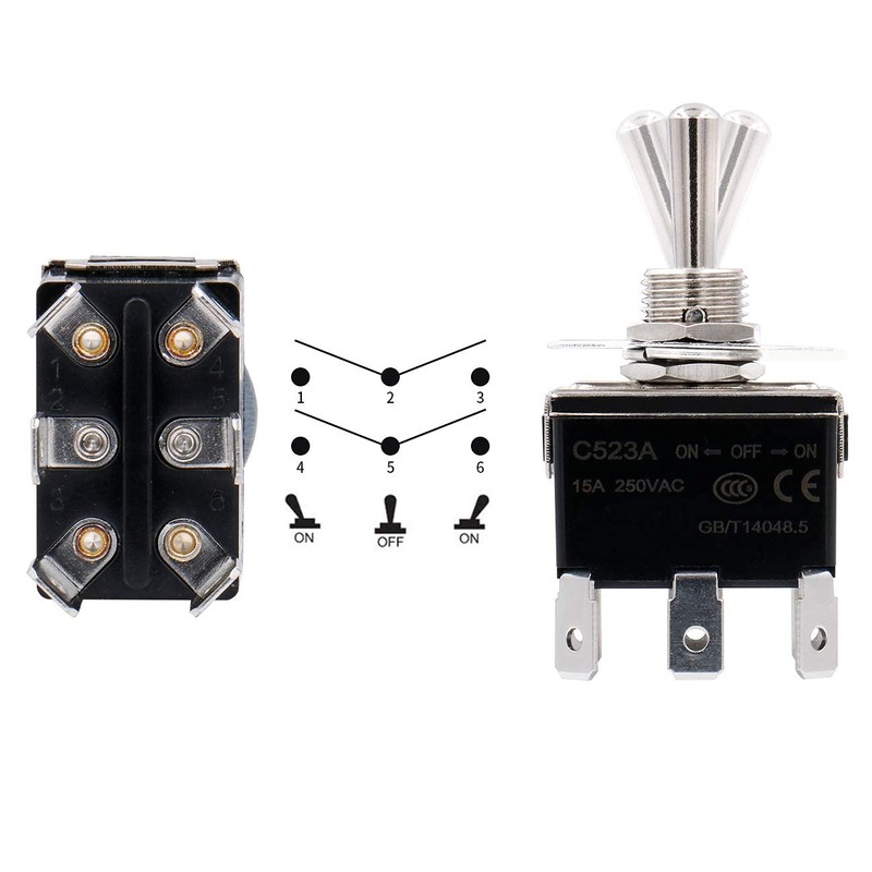 Heschen Metal Toggle Switch, C523A, DPDT, Maintained, ON/Off/ON 3 Position,