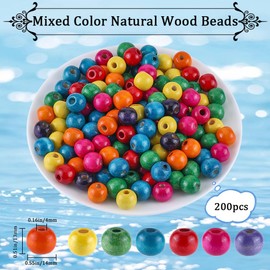 GORGECRAFT Pack of 200 Colourful Wooden Beads 14 mm Round Natural 4 mm Large Hole Bead Painted Wood Spacer Loose Ball for Making Gemstone Bracelets DIY