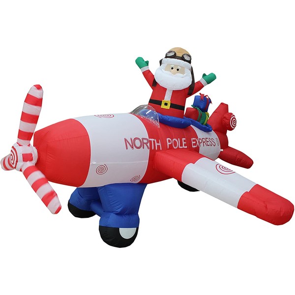 BZB Goods Animated - 8 Foot Wide Christmas Inflatable Santa Claus Flying Airplane Blow Up Yard Decoration
