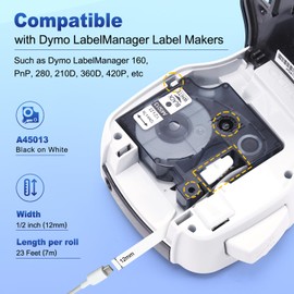 COLORWING 6x 45013 Etikettenband 12mm Kompatibel mit Dymo D1 12mm x 7m S0720530 Schwarz auf Weiß für LabelManager 160 210D 280 360D 420P, a45013 45113 Schriftbänder