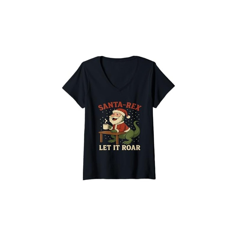 Womens Funny Santa-Rex Christmas Tee Let It Roar Holiday Dino
