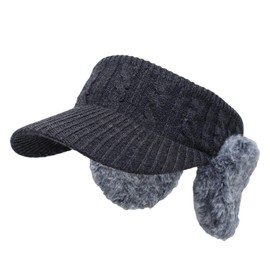 Whimoons JDV1300 Women's Winter Fluffy Knit Sun Visor with Ear Pads for Winter, charcoal