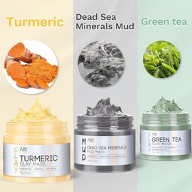 ANAI RUI 3 Pcs Face Mask Set - Turmeric Clay Mask - Green Tea Face Mask - Dead Sea Mud Mask for Oily Skin, Blackheads & Pores -Spa Gift Set Self Care 