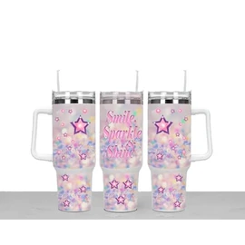 Smile & Sparkle Large Unisex 40oz Stainless Steel Travel Cup Tumbler Gift with Carry Handle, Lid and Straw
