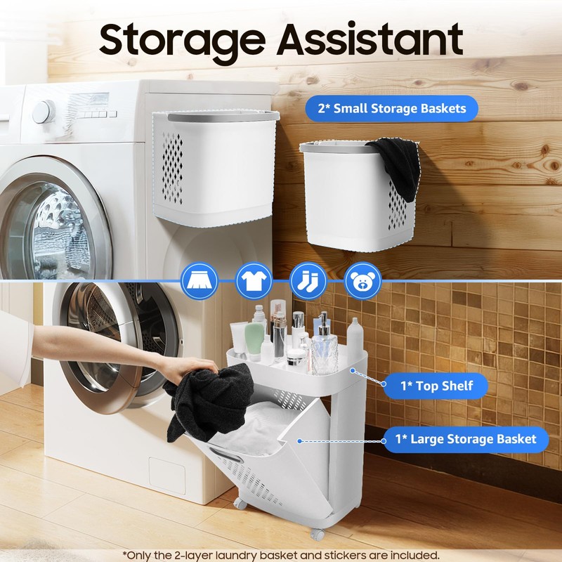 2 Tier Laundry Basket with Wheels & Handle, White Laundry