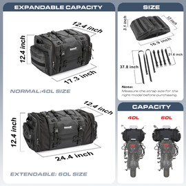 Rhinowalk Motorcycle Travel Luggage Bags, Expandable Motorcycle Tail Bag 60L, motorcycle Powersports Saddle Bags, Motorbike Helmet Bag Waterproof Rain Cover with Straps (Black)