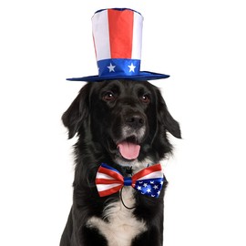 Vehomy Uncle Sam Dog Top Hat & American Flag Dog Bow Tie Collar - 4th July Pet Costume Set for Dogs & Cats (2Pcs, Satin, Adjustable Size)