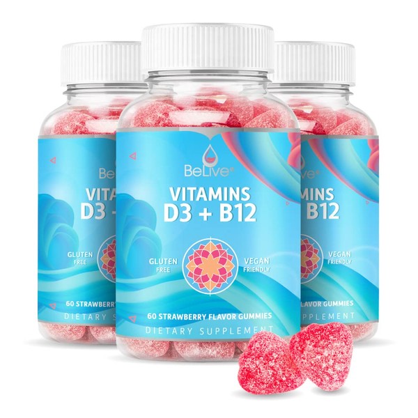 BeLive Vitamin D3 Gummies with B12 Vitamins - Immune Support Gummies with Vegan Vitamin B12 & D3, Provides Enhanced Bone & Muscle Strength, Hearth Health and Energy - Strawberry Flavor | 3-Pack