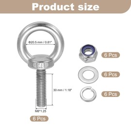 MECCANIXITY Lifting Shoulder Eye Bolt M8 x 30 mm, 304 Stainless Steel Ring Shape Male Thread Eyebolt with Nuts Washers for Engineering Port Marine Hanging Pack of 6