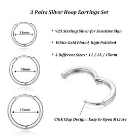 Zolkamery Hoop Earrings 925 Silver for Women, 3 Pairs 925 Sterling Silver Hoop Earrings Set, Small Sleeping Huggie Hoop Earrings Unisex Silver Hoop Earrings Set in 11 13 15 mm, Silver, No Gemstone
