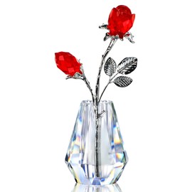 H&D HYALINE & DORA Crystal Red Rose Figurine Collectible Glass Double Roses Flowers Bouquets Ornament Silver Stem with Crystal vase Decor for Home Wedding Party