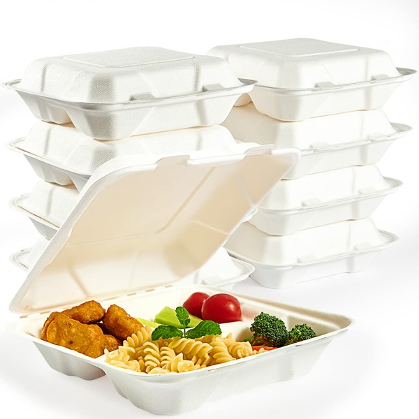 Vplus 100% Compostable Clamshell Take Out Food Containers, 90 PACK 8”X8”Eco-Friendly Disposable Food Containers 3 Compartment, Heavy-Duty Bagasse To-Go Containers for Next Day Lunch, Potluck Party