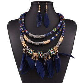 HENGYID African Style Necklace Multi-Layer Alloy Feather Fringed Necklace Earrings Set (Blue)