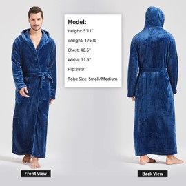 FashGudim Mens Robes Big and Tall with Hood Flannel Fleece Men Bathrobe with Hood Full Length Plush Long Robe Warm House Robe (Navy, L/XL)
