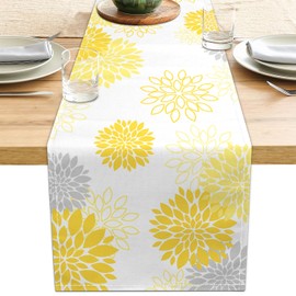 Dahlia Flower Table Runner 13x71 Inch Farmhouse Yellow Gray Runners Modern Table Decorations Rustic Geometric Coffee Table Runner for Home Kitchen Dining Room Party (13"x71", Dahlia Floral-Yellow)