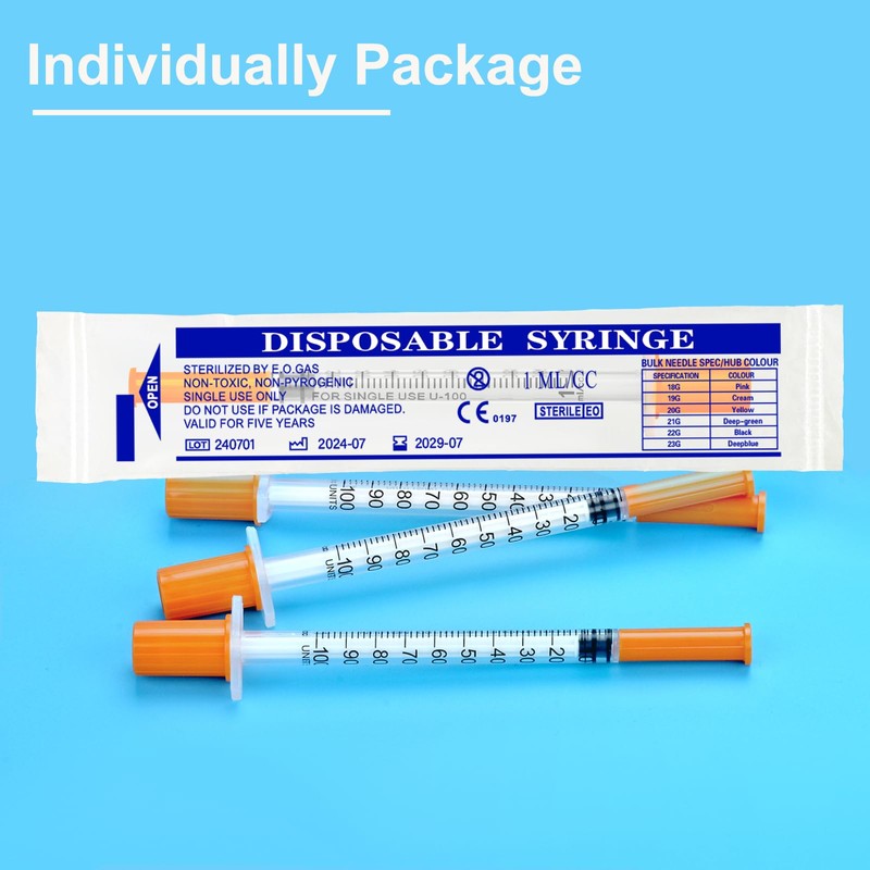 1ml 29G 5/16" (8mm) Syringe, U-100 Lab Supplies, Individually Wrapped,