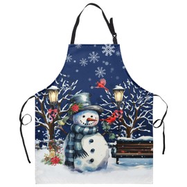 Kwlegh Navy Blue Snowman Apron Winter Christmas Kitchen Apron Lovely Snowman with Red Cardinal Birds Snowflakes Aprons Xmas Cooking Aprons With Two Pockets for Baking,Crafting, Painting
