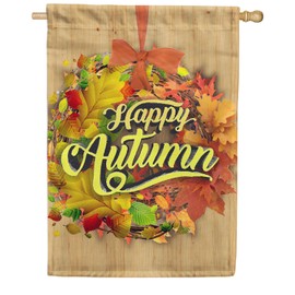 America Forever Happy Autumn House Flag,28 x 40 inches Double Sided,Decorative Fall Wreath with Leaves,Garden Decor Flags,Outdoor Seasonal for Yard,Lawn