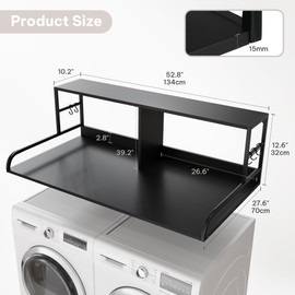 DWVO Washer Dryer Countertop, Laundry Countertop, Washer Dryer Topper with Double-Layer Storage Shelf and 5 Hooks, Ideal for Laundry Rooms, Kitchens, and Bathrooms, 53" W x 27" D, Black
