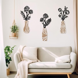 Zzbakress 3 Pcs Modern Metal Flowers Wall Art Farmhouse Wall Decor for Kitchen Vintage Wooden Vases and Black Metal Flowers Wall Decor for Living Room, Bedroom,Bathroom (Modern, Large, Floral)
