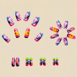 Flower Press on Nails Medium Length Almond Shaper Fake Nails Color Flower Glue on Nails Spring Stick on Nails Glossy Artificial Nails Acrylic False Nails Reusable Nails Kit for Women Girls 24Pcs