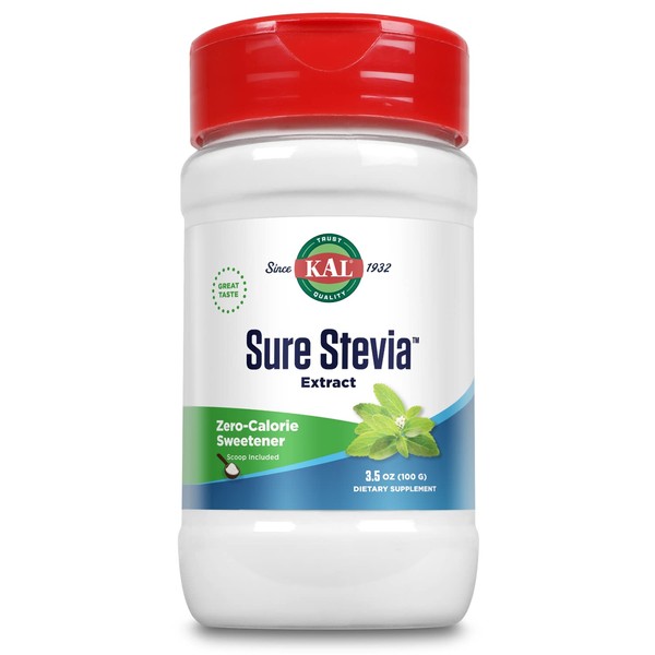 KAL Sure Stevia Extract Powder, Low Carb, Plant Based Stevia Sweetener, Great Taste, Zero Calories, Zero Sugar, Low Glycemic & Perfect for a Keto Diet, 60-Day Guarantee, Approx. 1820 Servings, 3.5ozv