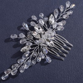 Lenjicons Dainty Rhinestone Beads Hair Comb Teardrop Rhinestone Wedding Headpiece Bridal Hair Accessories Handmade Crystal Beads Bridal Hair Comb for Women (silver)