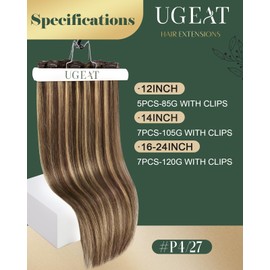 Ugeat Human Hair Clip in Extensions 22 Inch, Clip in Human Hair Extensions 7pcs 120g, Easy to Apply, Chocolate Brown Highlights Caramel Blonde