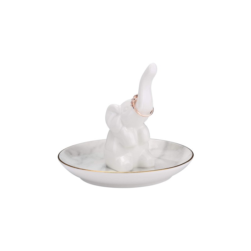 HOME SMILE White Elephant Ring Holder with Marble Pattern Dish