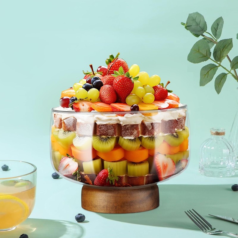 NiHome 123oz Large Glass Trifle Bowl with Elegant Acacia Wood
