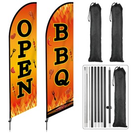 2 Sets BBQ Feather Flag for Businesses 11ft Barbecue Swooper Banner Sign with Carbon Fiber Pole and Advanced Ground Stake Portable Bag Open Advertising Flag Banner for Business Advertising Outside