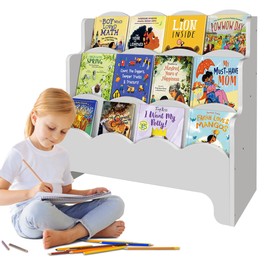Royxen Montessori Bookshelf Scalloped Edges, Bookshelf for Kids 3-Tier, Kids Book Shelf for Kids Room, 29" W x 28" H, Gray Color