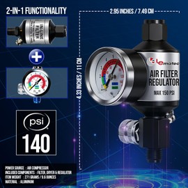 LE LEMATEC Air Compressor Regulator & Water Separator with Gauge, AI303-R1 Dryer for Clean Compressed Air, 150 PSI, 1/4" NPT, Push Button Drain - Removes Oil & Debris