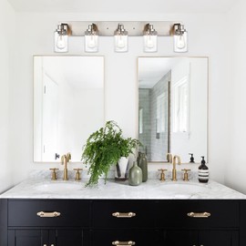 WINSHEN Bathroom Lights Fixtures Over Mirror, Brushed Nickel Vanity Lighting with 5 Seeded Glass Lampshades for Kitchen Living Room