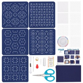 ORIGACH 5 Set Sashiko Coaster Kit, Japanese Traditional Sewing Kit, Handmade Coaster Kit with Thread, Needle, and Five Different Designs on Navy Blue Fabric