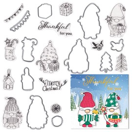ALIBBON Merry Christmas Gnomes Clear Stamps and Dies for Card Making, Christmas Gifts Transparent Silicone Rubber Stamps with Metal Cutting Dies for Photo Album Decorations and DIY Scrapbooking