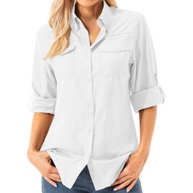 Womens UPF 50+ UV Sun Protection Safari Shirts Long Sleeve Outdoor Cool Quick Dry Fishing Hiking Gardening Shirts (5072 White XL)