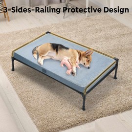 Veehoo Elevated Raised Dog Bed+Removable Dog Cot Mat-Cooling Outdoor Large Pet Bed Three-Sided Guardrail Raised Pet Cot Hammock Bed with Bolster-35 x 22" Black Silver