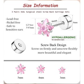 3 Pairs Stud Earrings Flat Back Stud Earrings Set, Hypoallergenic Surgical Steel Earrings Cubic Zirconia Earrings Studs Screw Back Earrings for Women 3-5mm