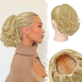 22 cm Short Wavy Ponytail Extension, BARSDAR Comb Clip Drawstring Short Ponytail Hair Extension Thick Synthetic Blonde Comb Clip Ponytail Hairpieces Natural Ash Blonde