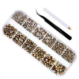 2000 Pcs Flat Back Gems Round Crystal Rhinestones 6 Sizes 1.5-6 mm with Pick Up Tweezer and Rhinestones Picking Pen for Crafts Nail Clothes (Gold)
